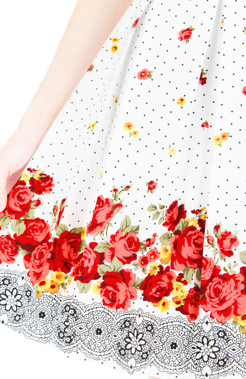Falling Rose Blooms Flare Dress - White