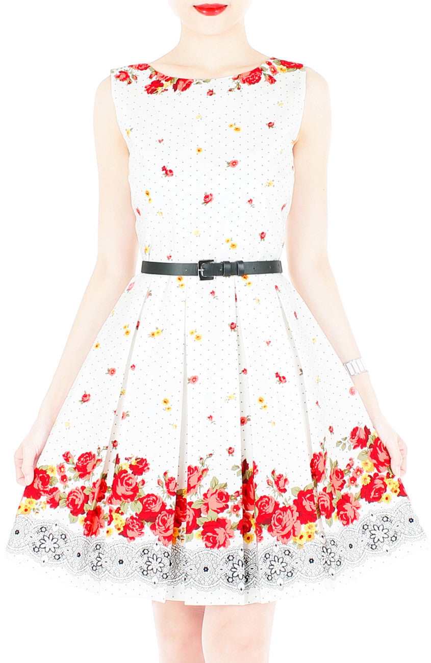 Falling Rose Blooms Flare Dress - White