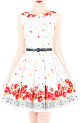Falling Rose Blooms Flare Dress - White