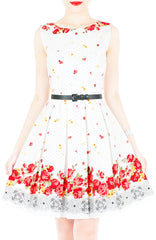 Falling Rose Blooms Flare Dress - White