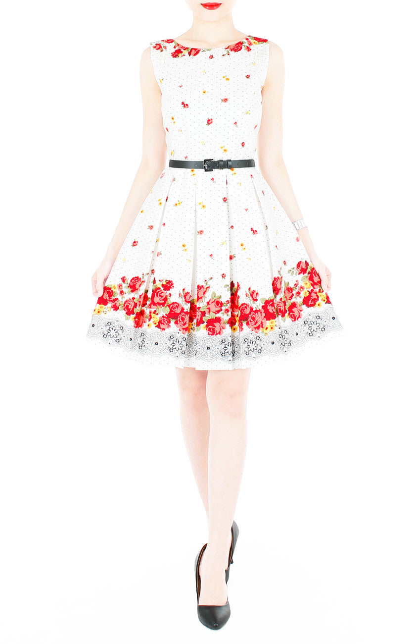 Falling Rose Blooms Flare Dress - White