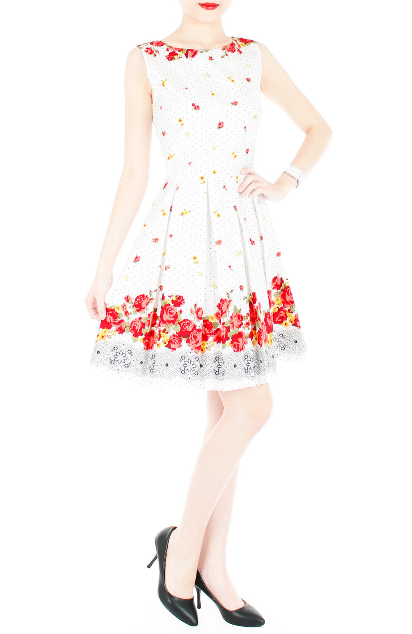 Falling Rose Blooms Flare Dress - White