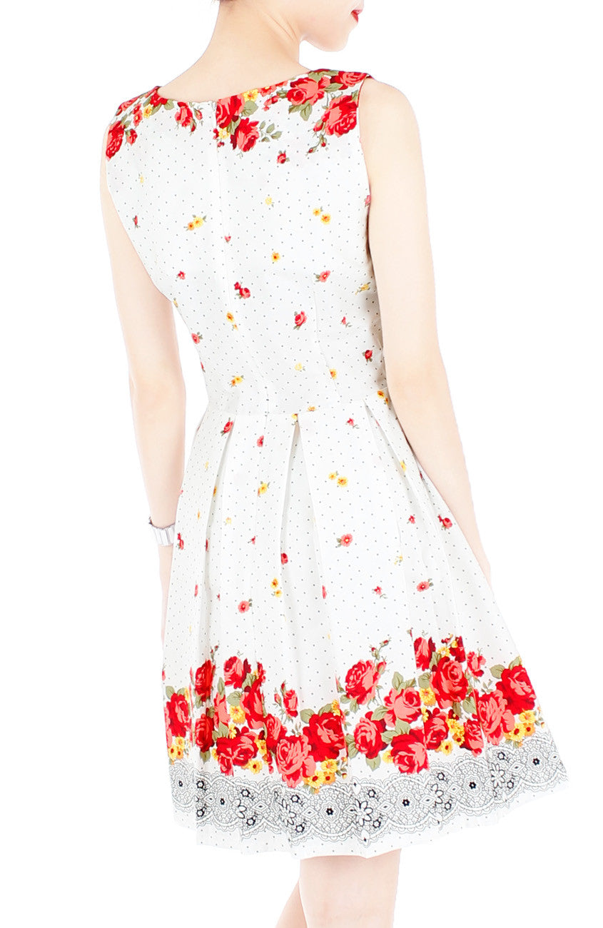 Falling Rose Blooms Flare Dress - White