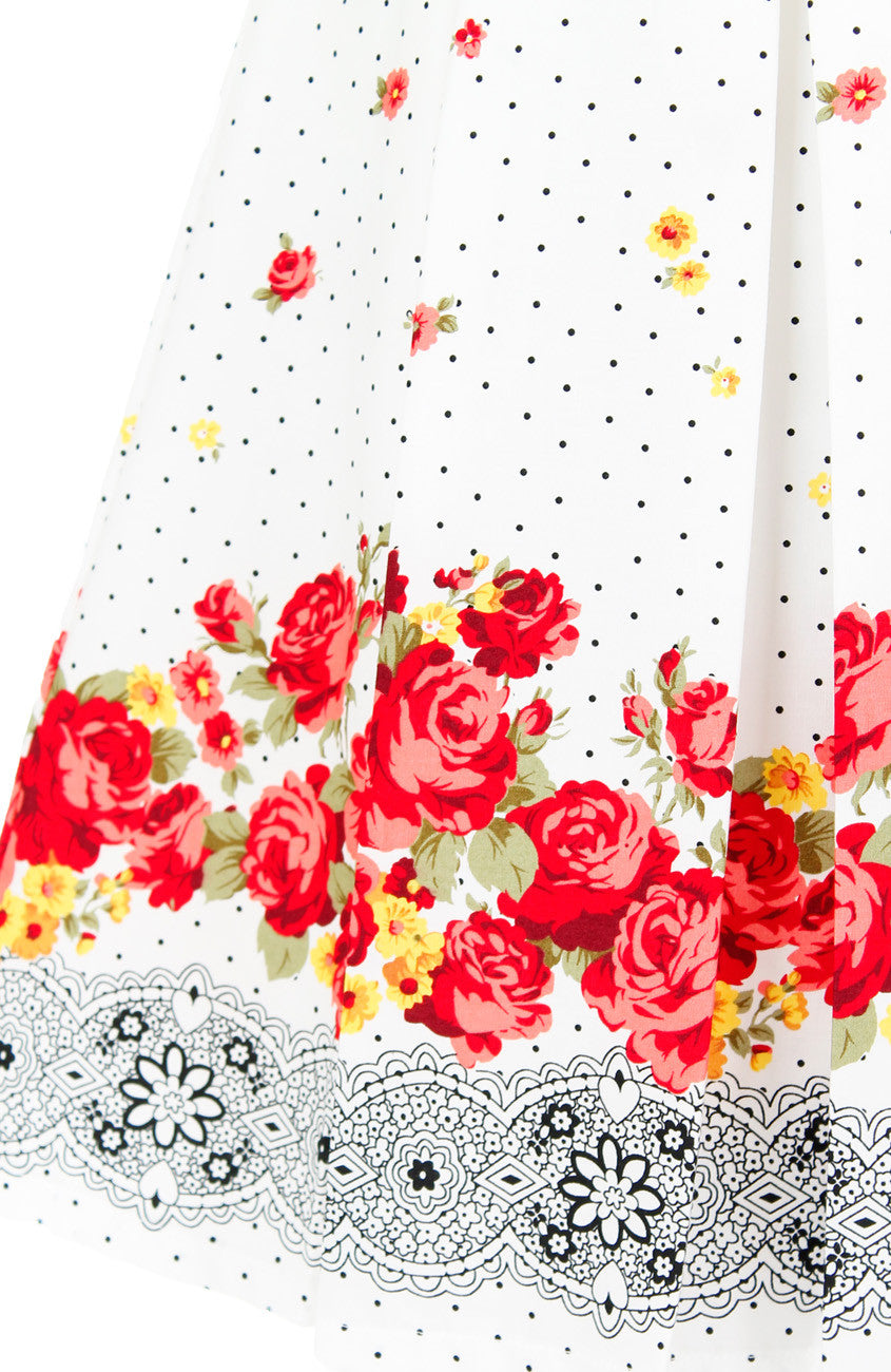 Falling Rose Blooms Flare Dress - White