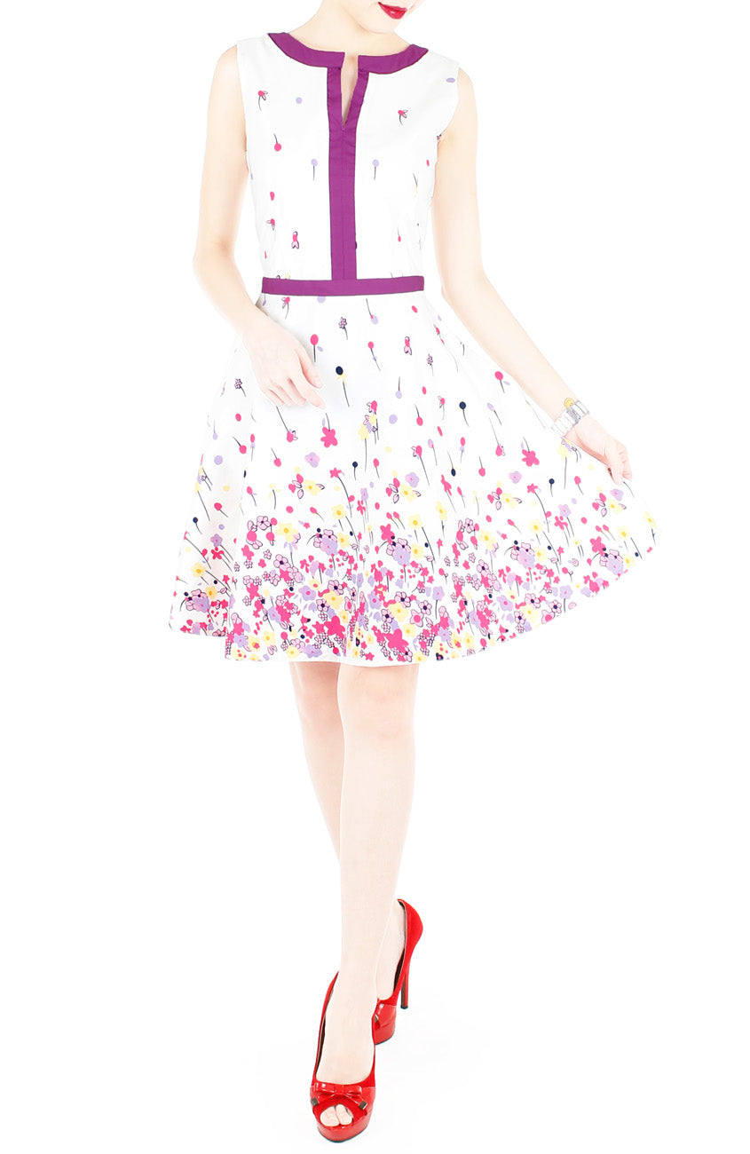 Falling Florals & Confetti Flare Dress with Violet Trims