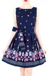 Falling Mandala Petals Two-Way Flare Dress - Night Blue