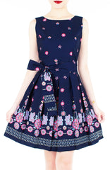 Falling Mandala Petals Two-Way Flare Dress - Night Blue