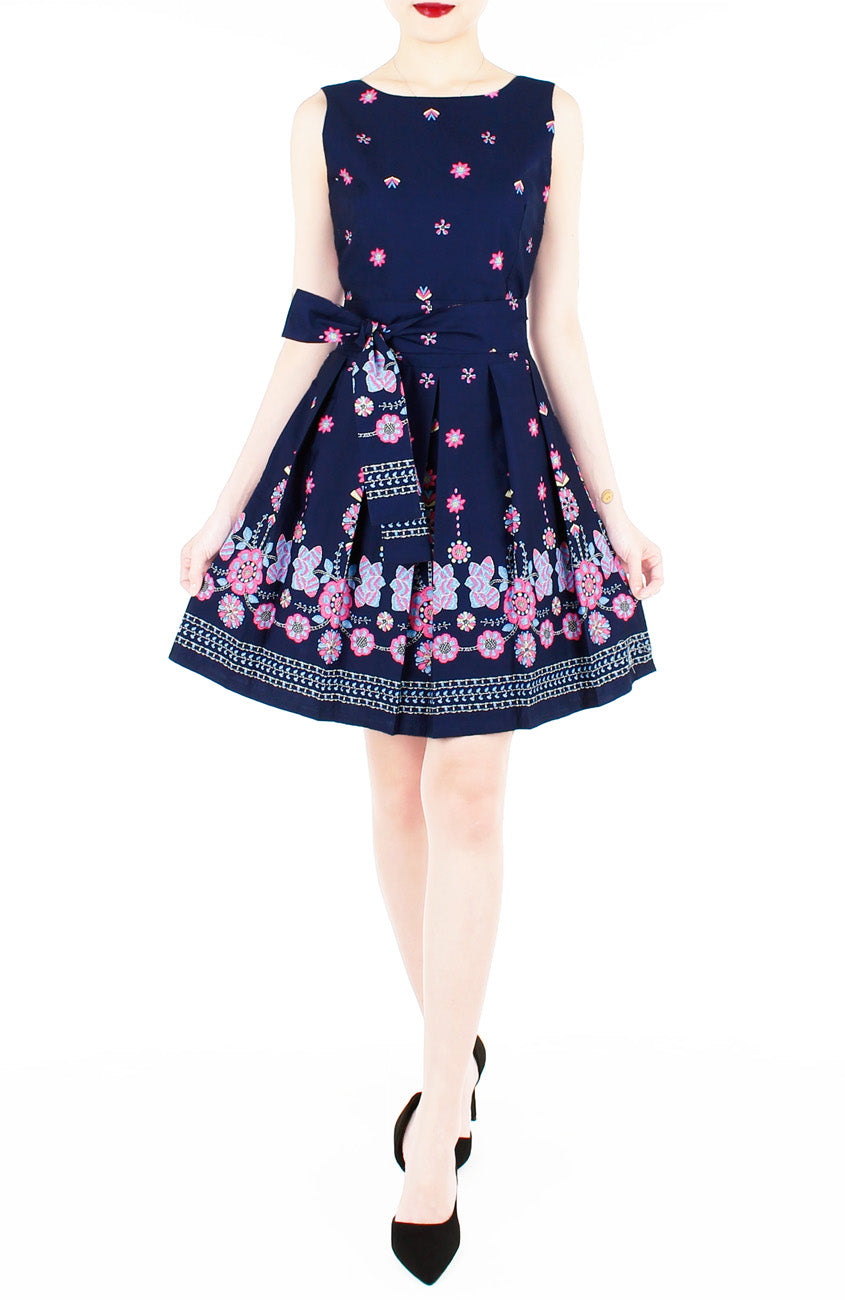 Falling Mandala Petals Two-Way Flare Dress - Night Blue