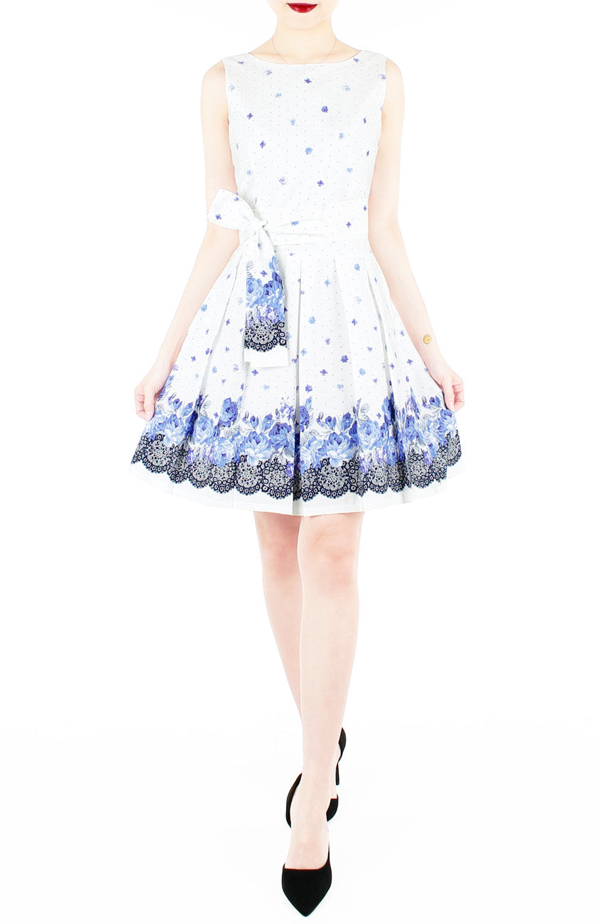 Falling Rose Blooms Two-way Flare Dress - Porcelain Blue