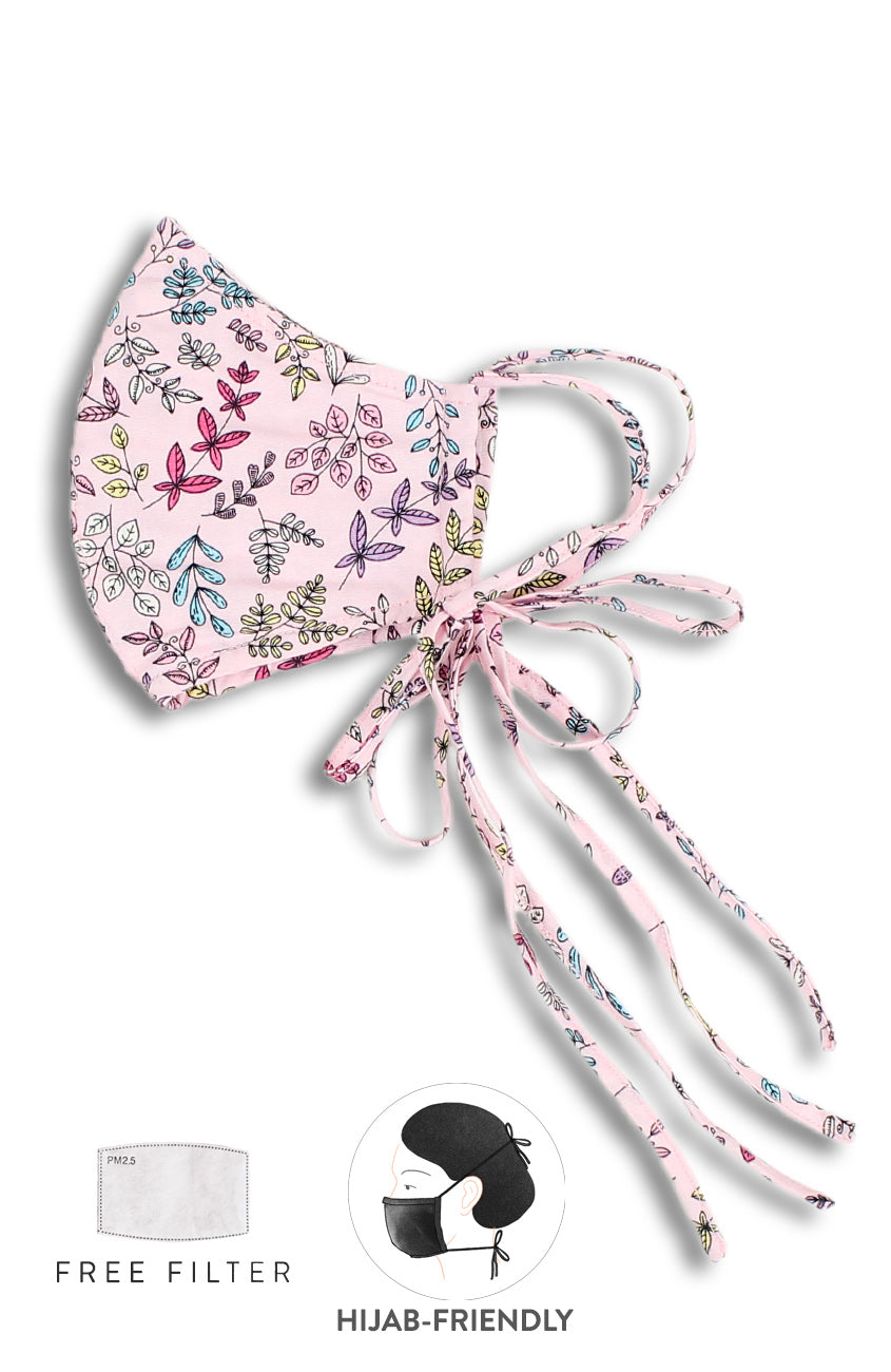 Ferns Illustrated Pure Cotton Face Mask with Head Ties - Soft Pink