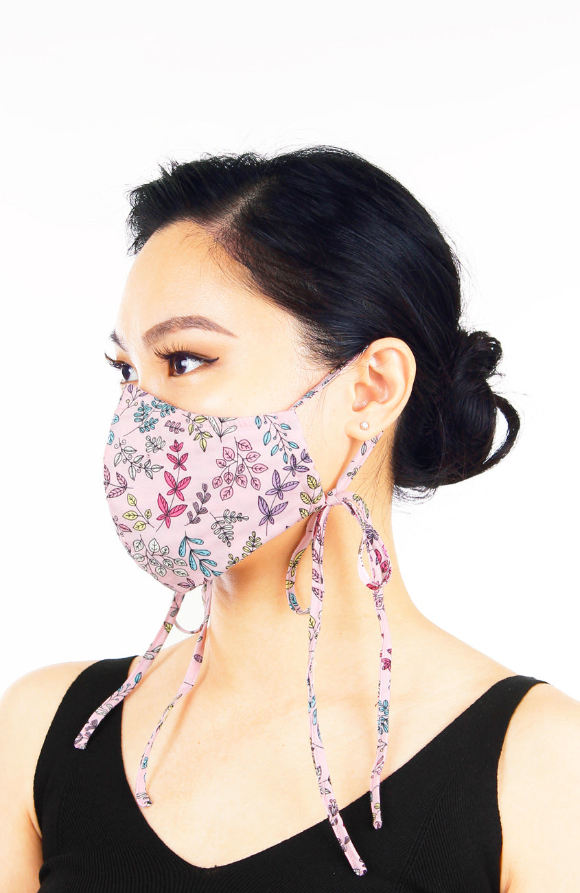 Ferns Illustrated Pure Cotton Face Mask with Head Ties - Soft Pink