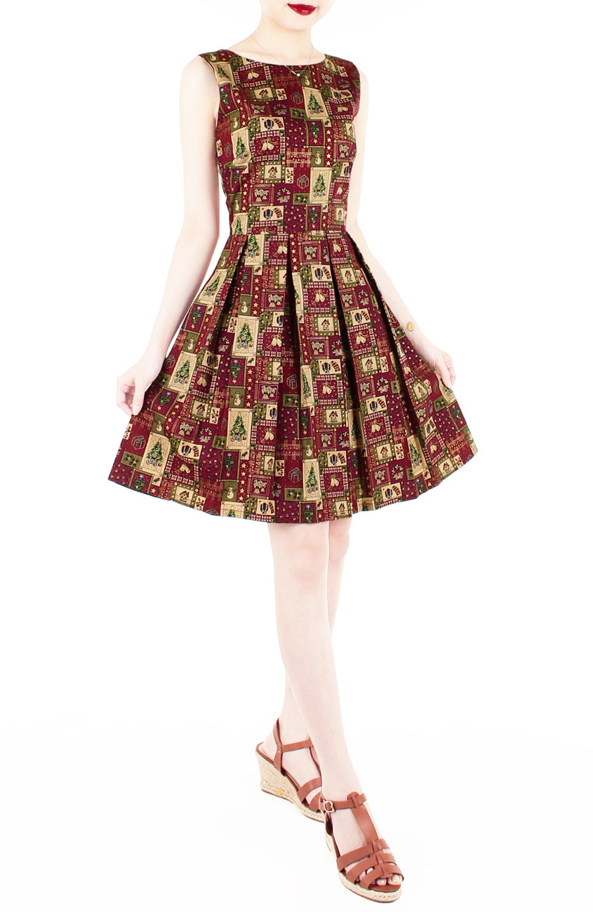 Festive Christmas Cheer Flare Dress with Gold Lining