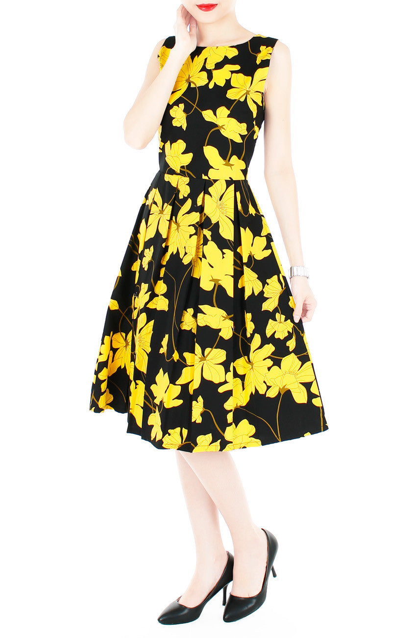 Fleur Freesia Flare Midi Dress - Yellow