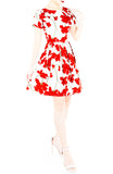 Fleur Freesia Flare Dress with Short Sleeves - Red