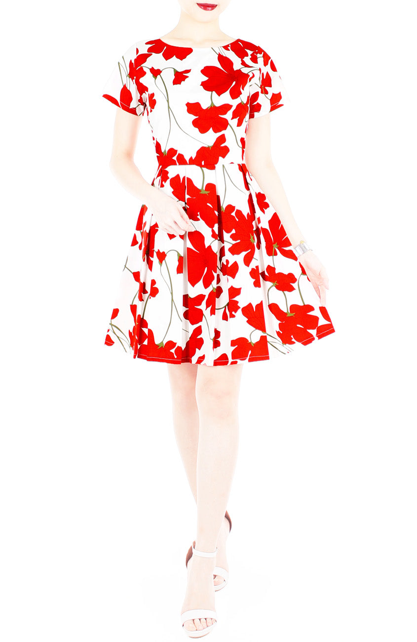 Fleur Freesia Flare Dress with Short Sleeves - Red