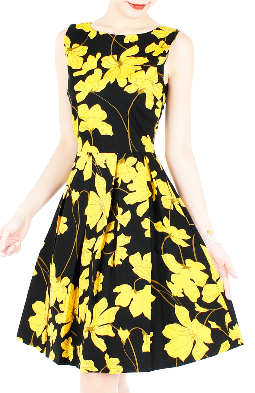 Fleur Freesia Flare Knee Length Dress - Yellow