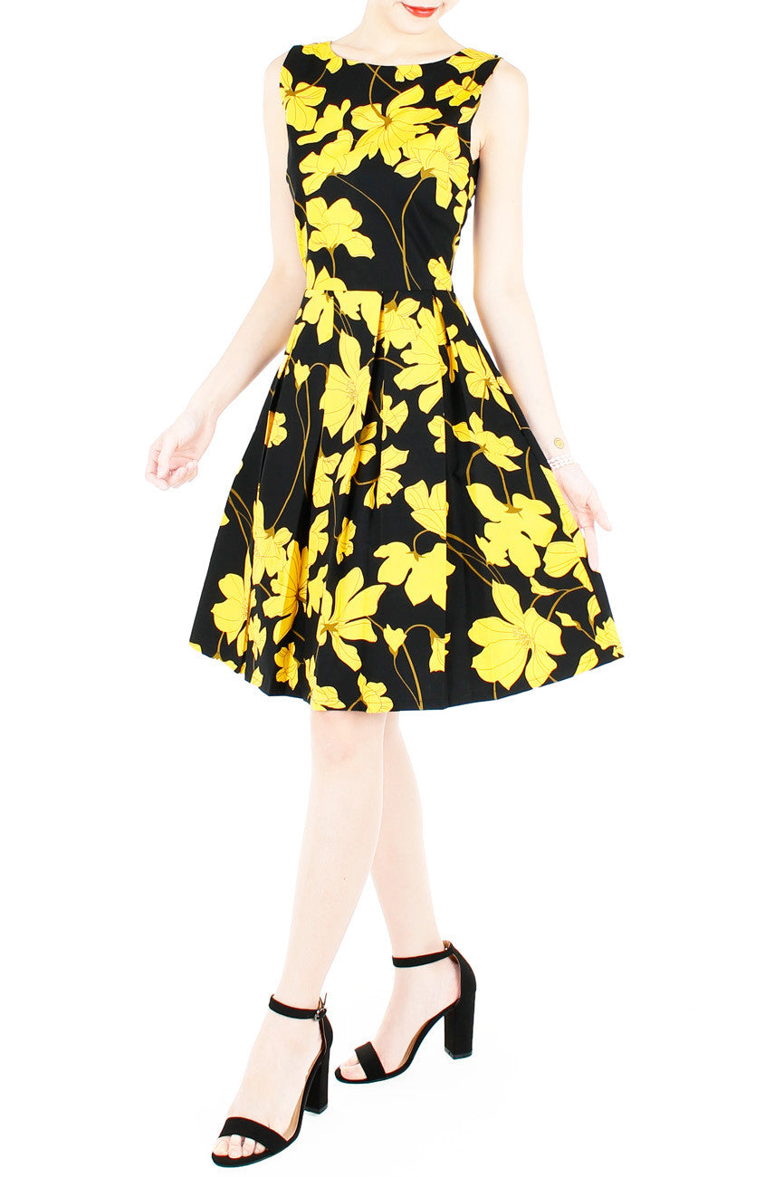 Fleur Freesia Flare Knee Length Dress - Yellow
