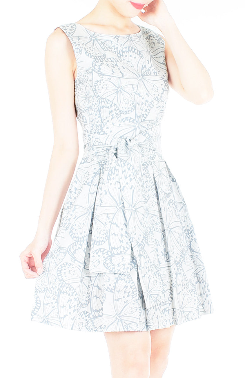Fluttering Romance Flare Dress with Wide Belt - Dove Grey