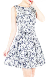 Fluttering Romance Flare Dress with Wide Belt - Night Blue