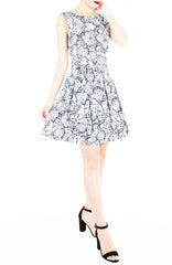 Fluttering Romance Flare Dress with Wide Belt - Night Blue