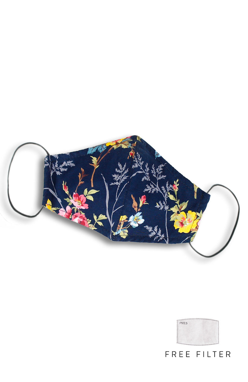 Forget me Not Ferns Pure Cotton Face Mask - Navy