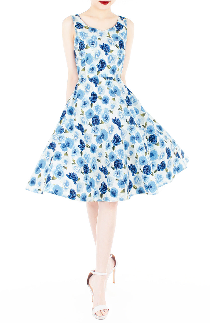 Frosty Winter Roses Flare Midi Dress