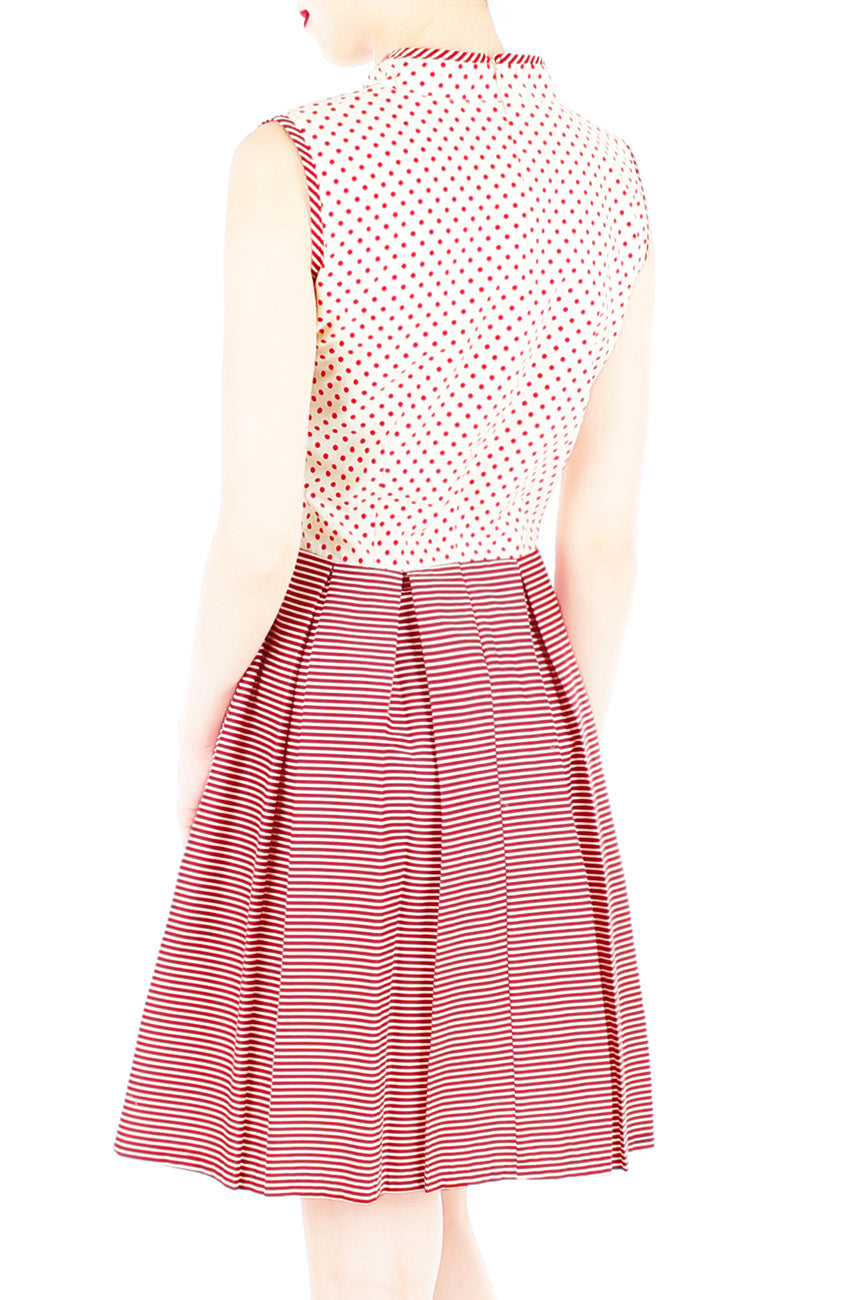 Fujisan Dots & Stripes Cheongsam Dress - Cream
