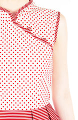 Fujisan Dots & Stripes Cheongsam Dress - Cream