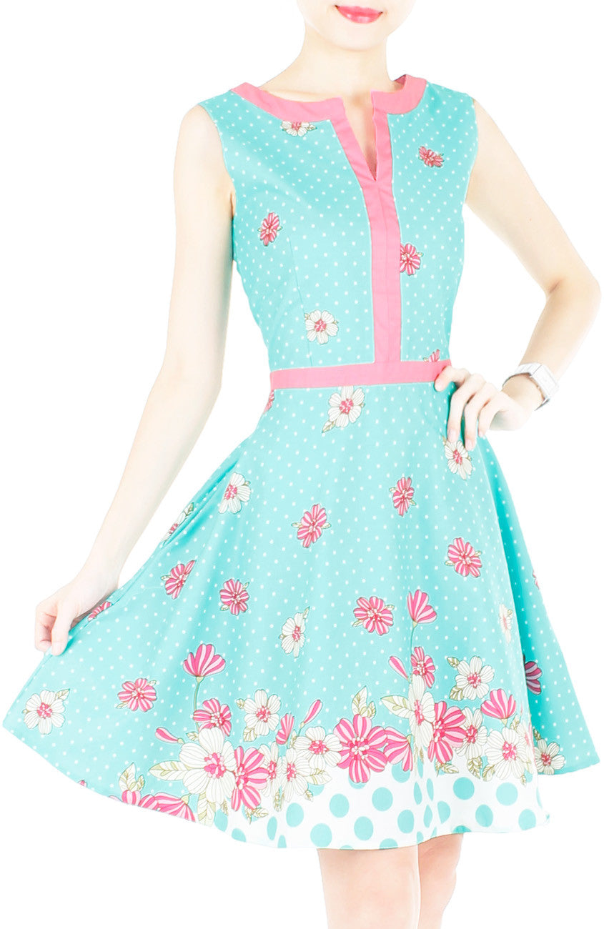 Garden Crossing Flare Dress with Pink Trims - Turquoise