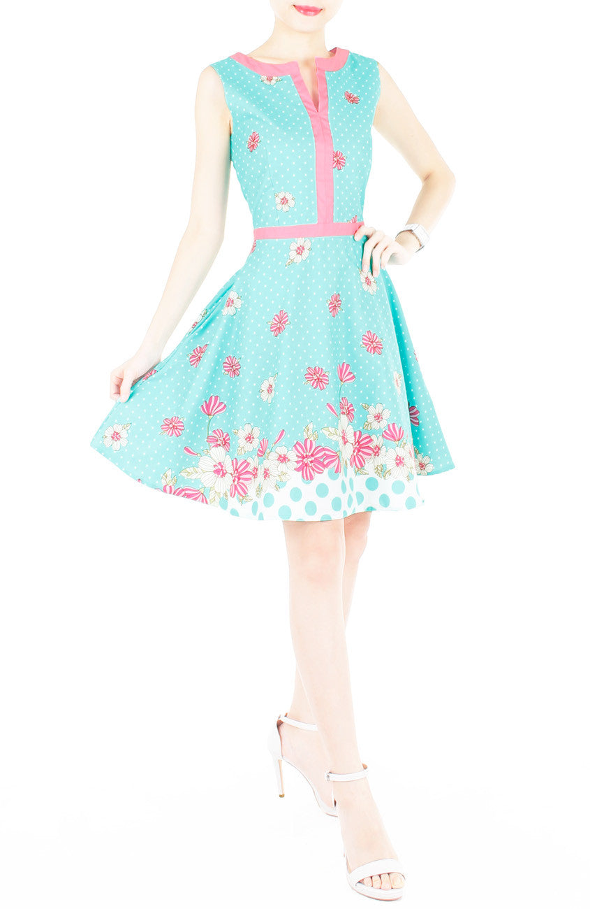 Garden Crossing Flare Dress with Pink Trims - Turquoise