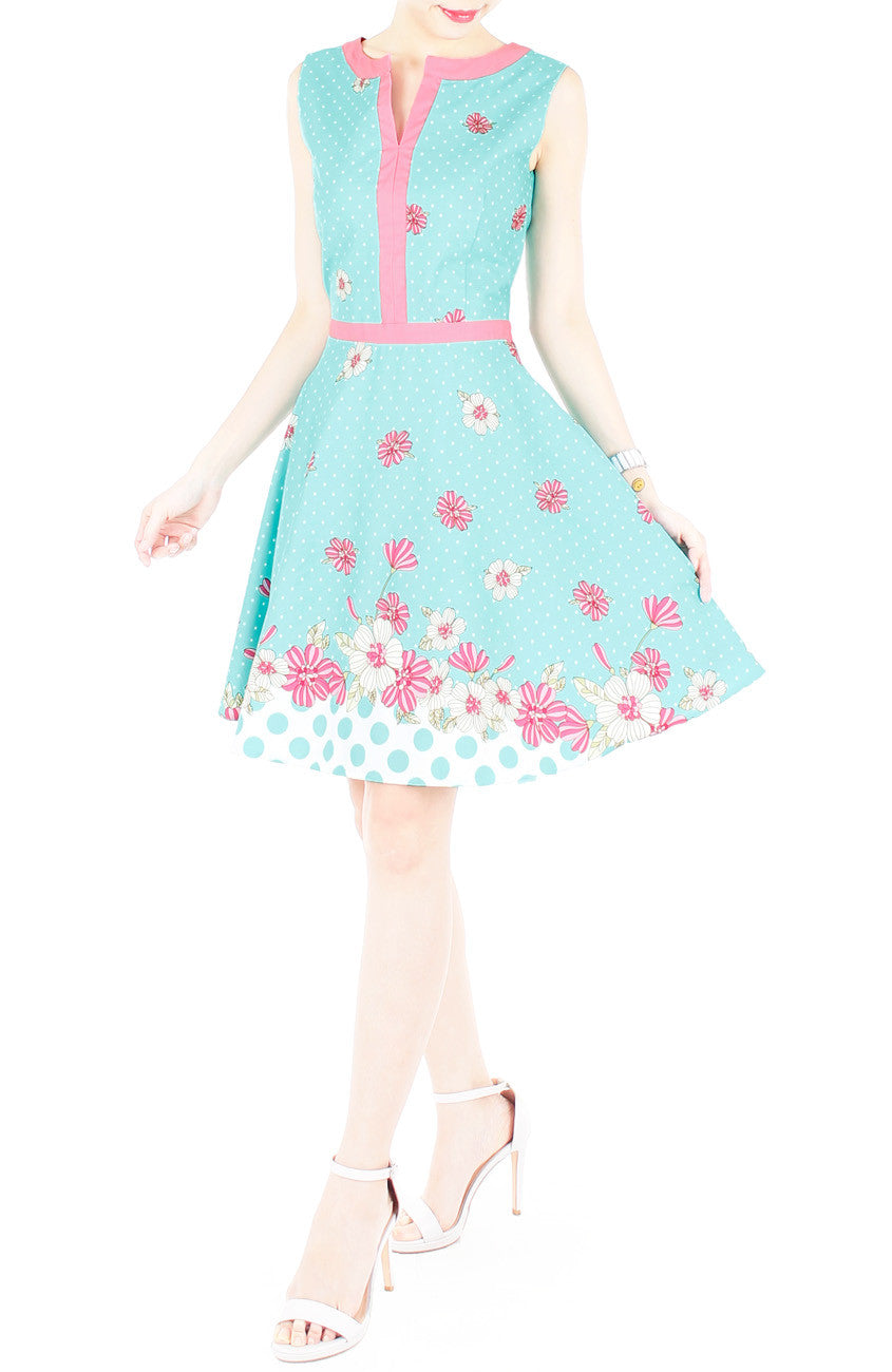 Garden Crossing Flare Dress with Pink Trims - Turquoise