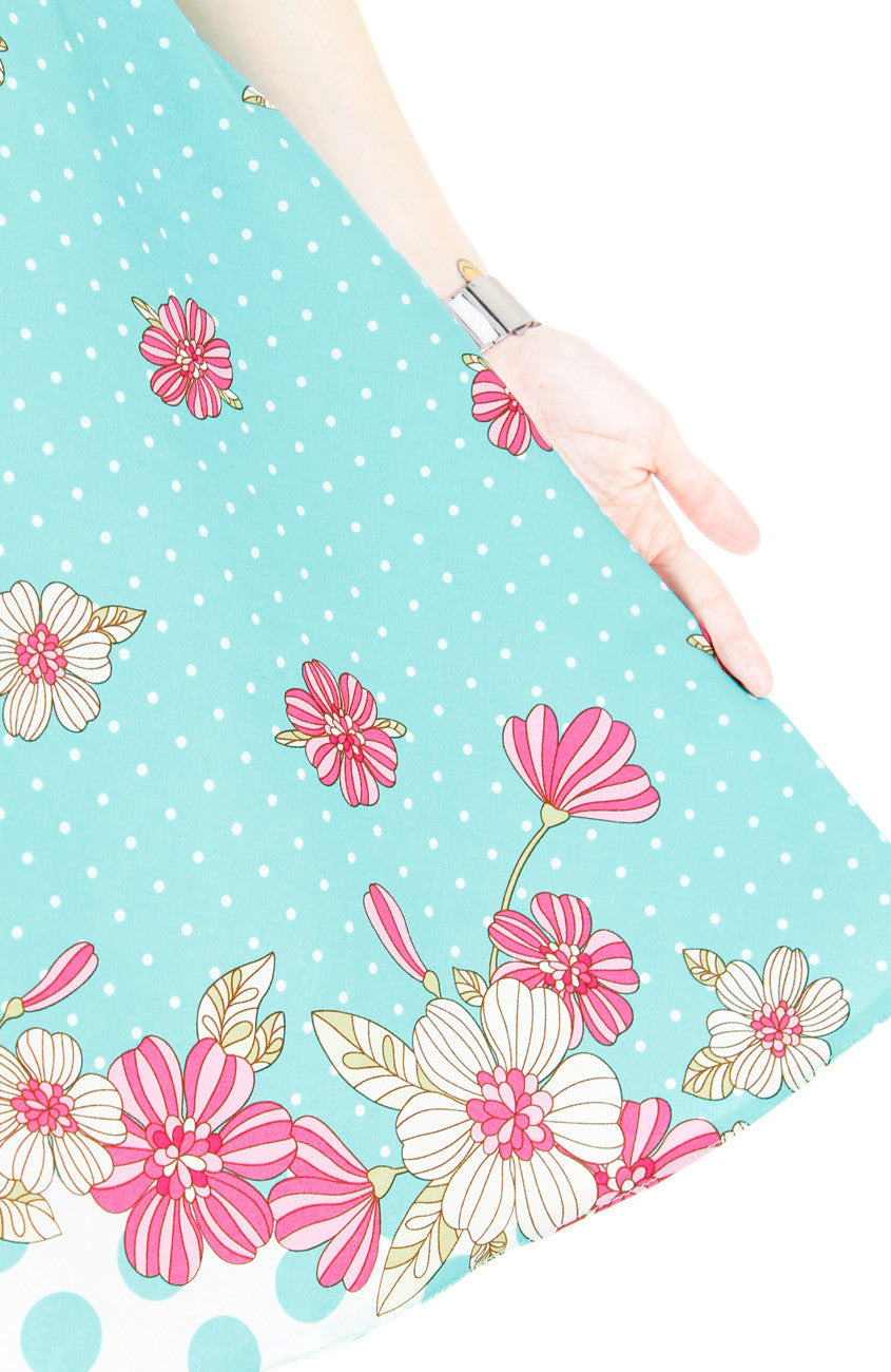 Garden Crossing Flare Dress with Pink Trims - Turquoise