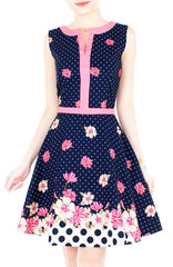 Garden Crossing Flare Dress with Pink Trims - Night Blue