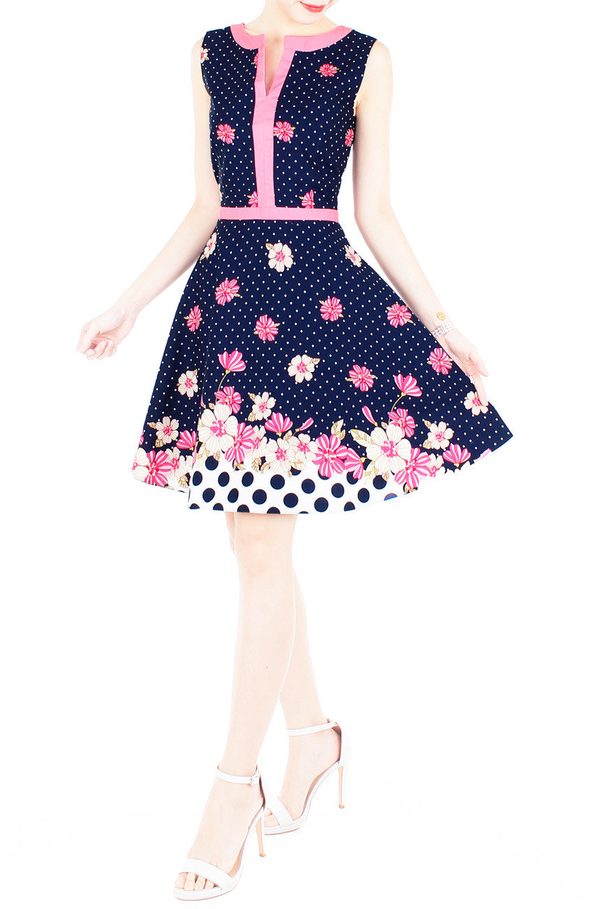 Garden Crossing Flare Dress with Pink Trims - Night Blue