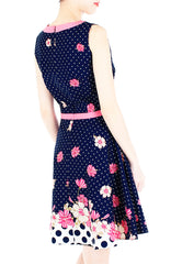 Garden Crossing Flare Dress with Pink Trims - Night Blue