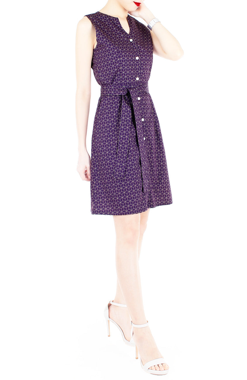 Geometric Rubix Cube A-Line Button Down Dress - Magenta
