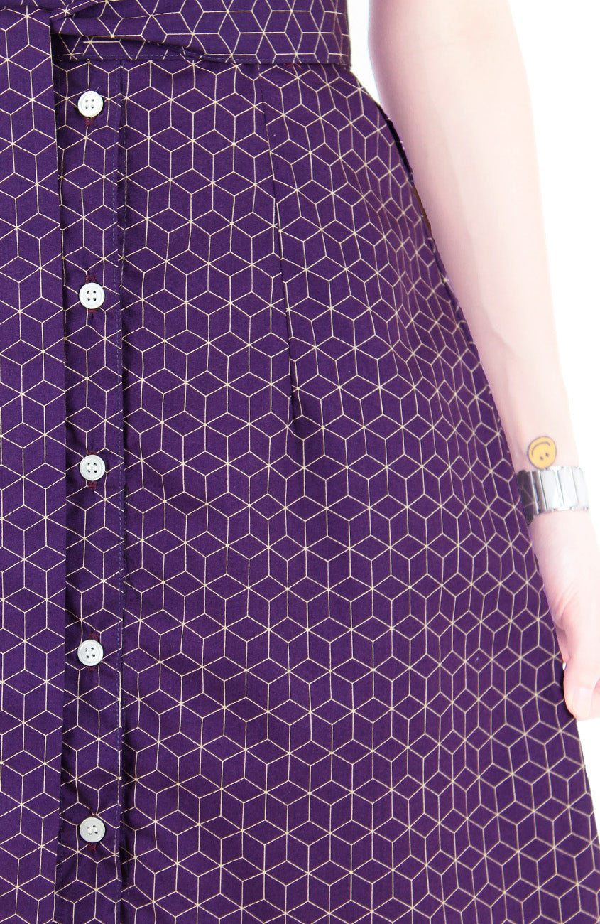 Geometric Rubix Cube A-Line Button Down Dress - Magenta