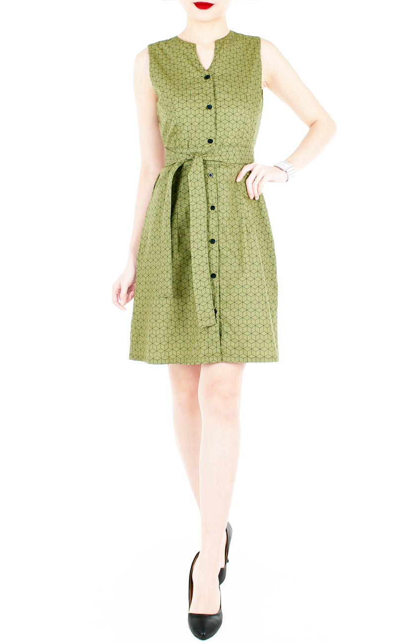 Geometric Rubix Cube A-Line Button Down Dress - Pickle Green