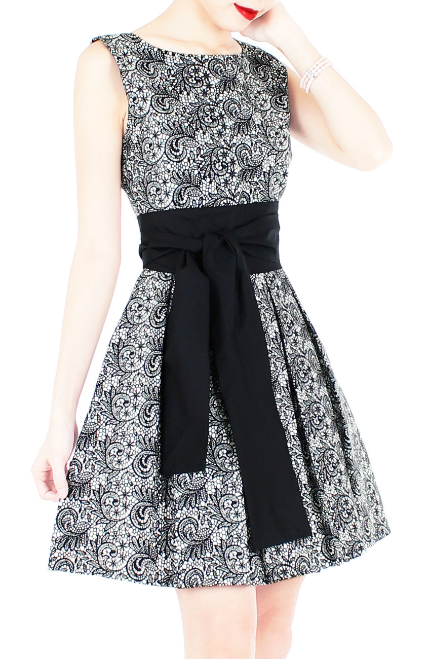 Grace and Lace Flare Dress with Obi Belt - Black