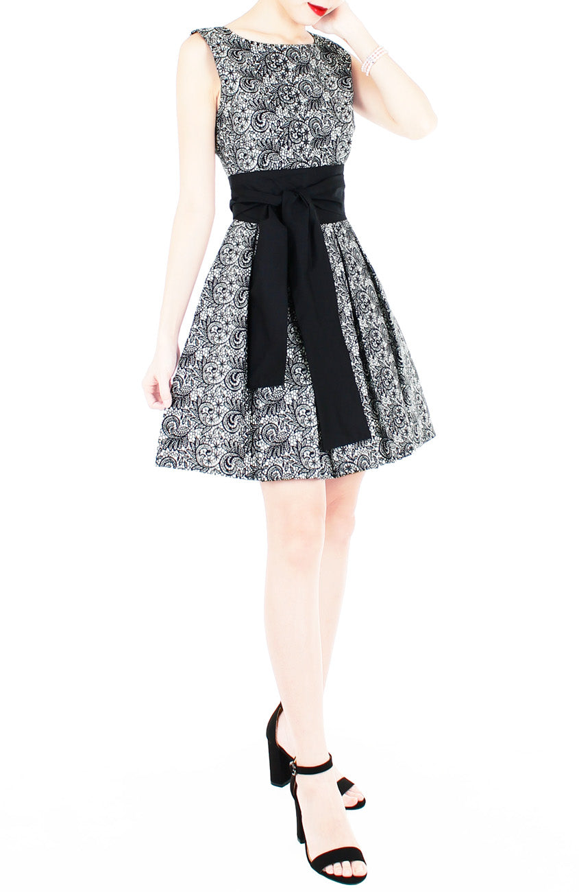 Grace and Lace Flare Dress with Obi Belt - Black
