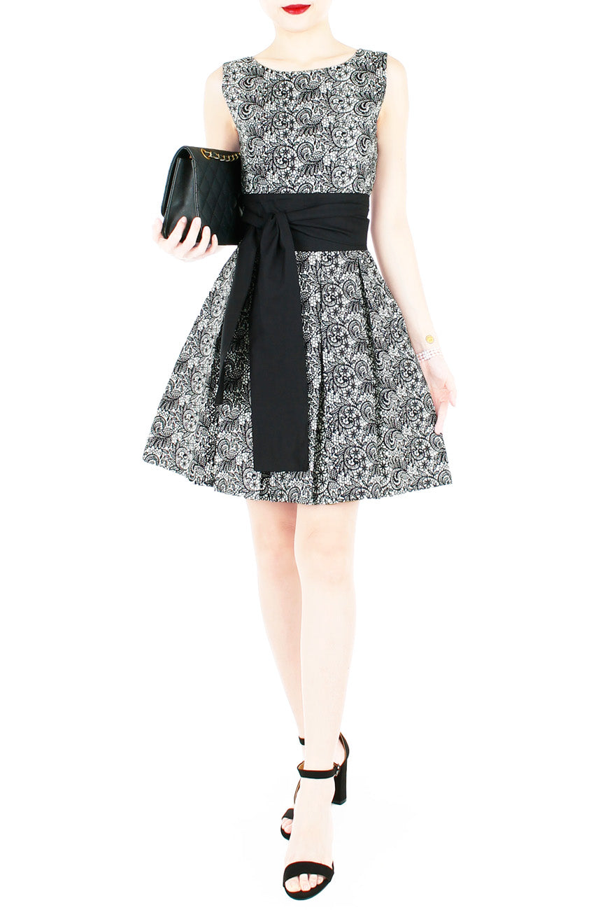 Grace and Lace Flare Dress with Obi Belt - Black