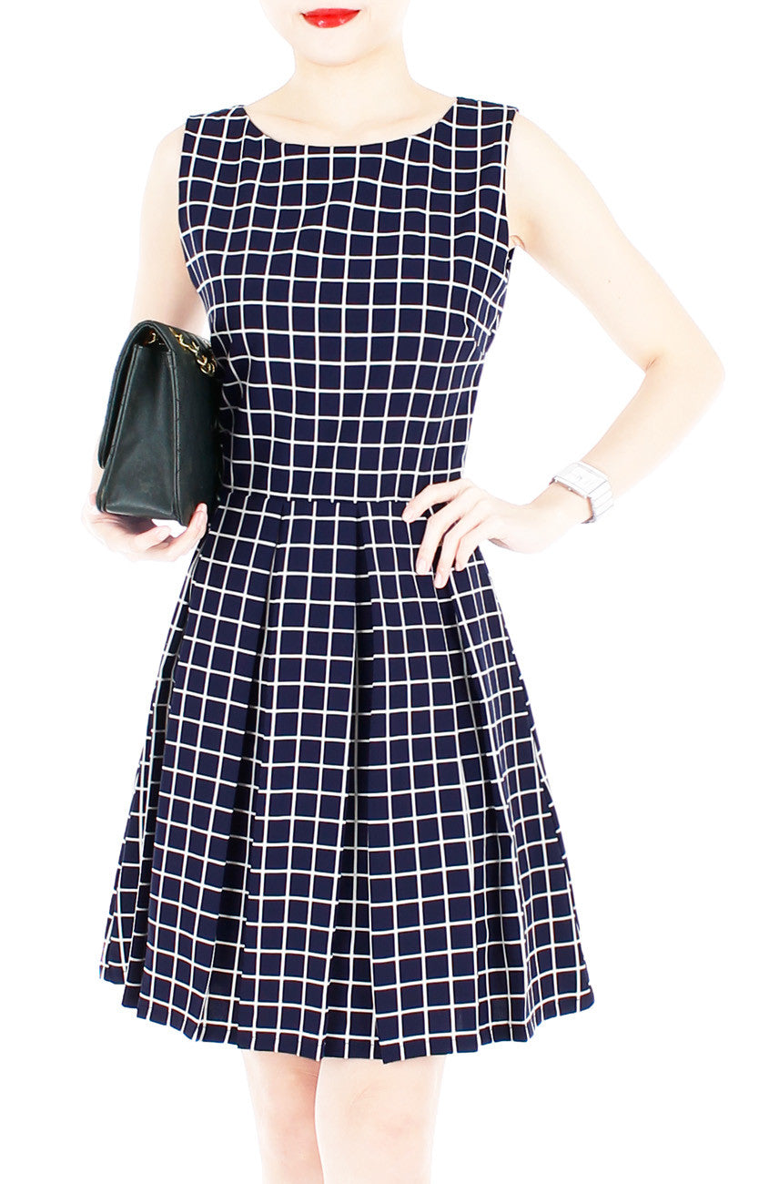 Grid Pro Quo Flare Dress - Dark Blue