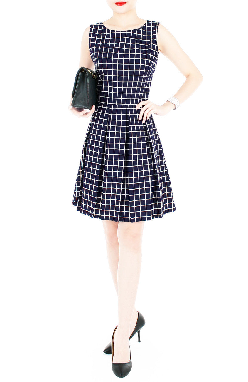 Grid Pro Quo Flare Dress - Dark Blue