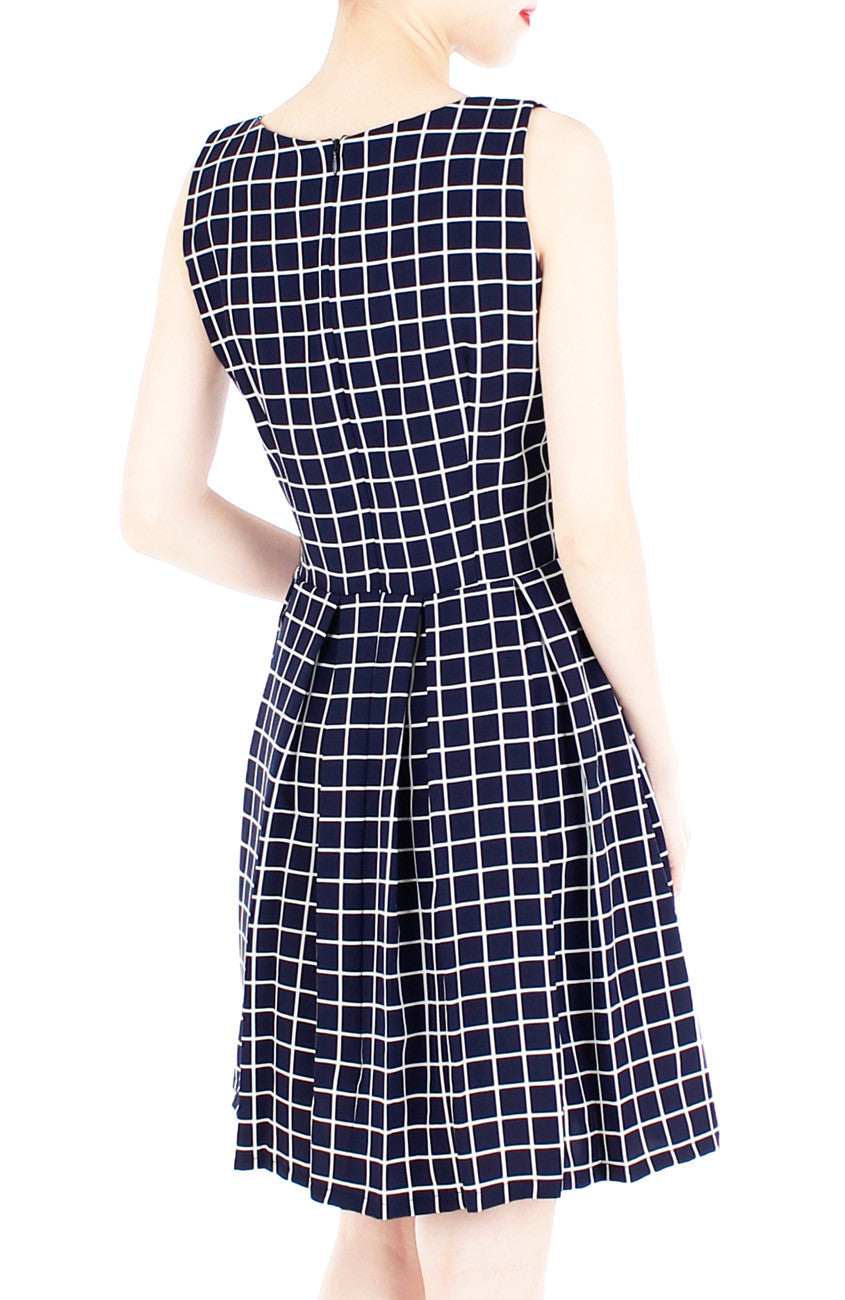 Grid Pro Quo Flare Dress - Dark Blue