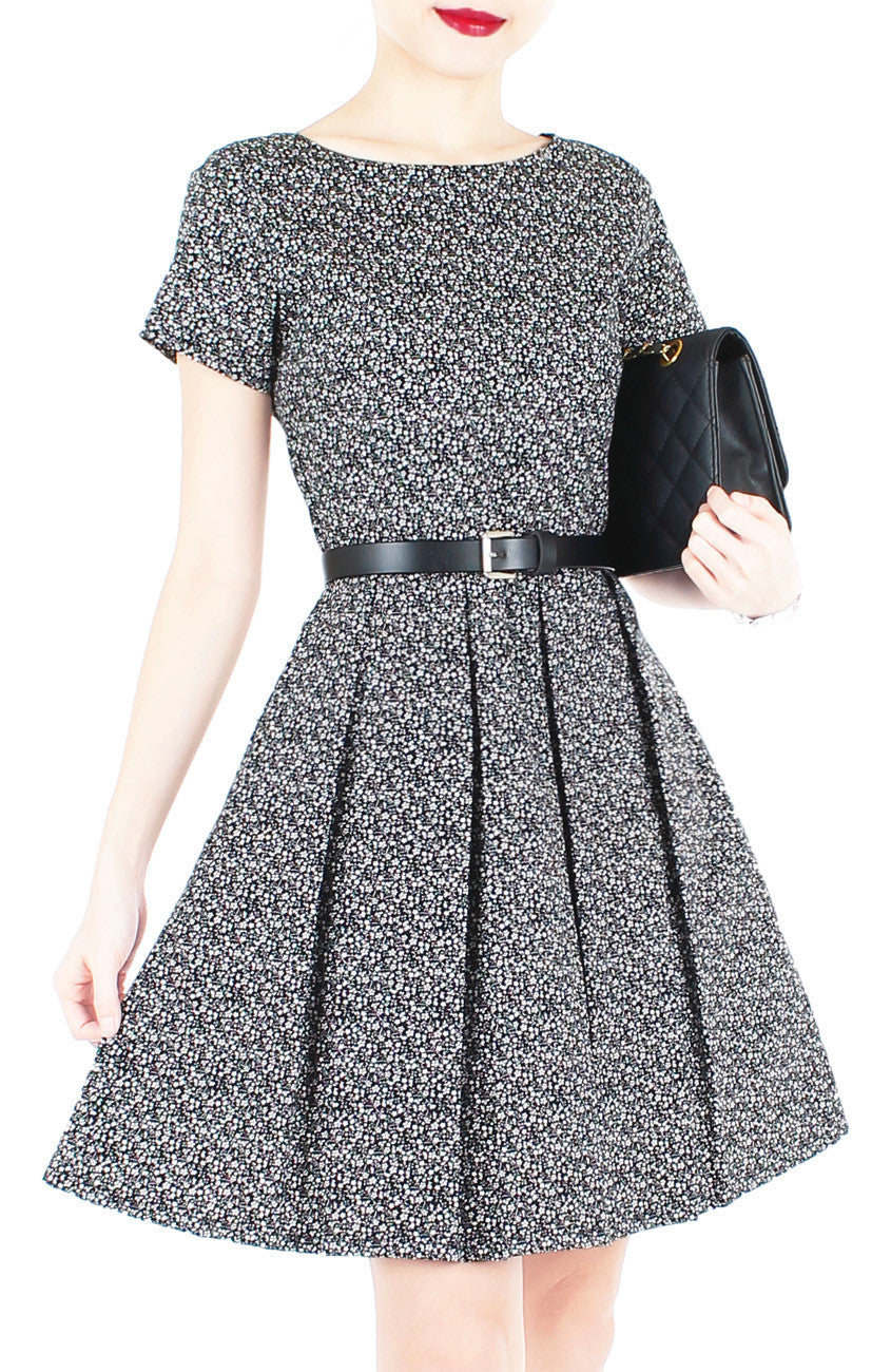 High-Tea Hour Flare Dress with Short Sleeves - Black