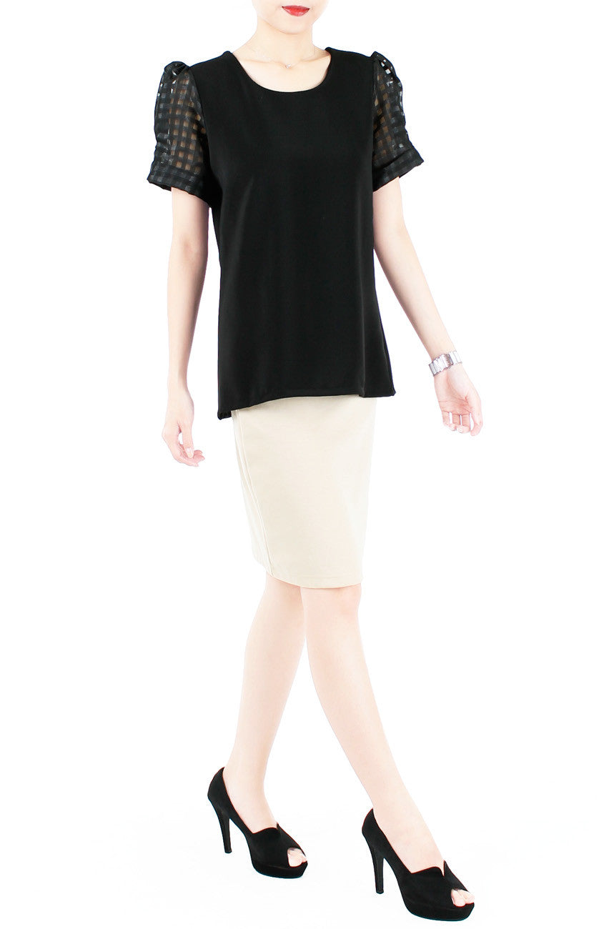 Honeycomb Organza Short Sleeve Blouse - Black