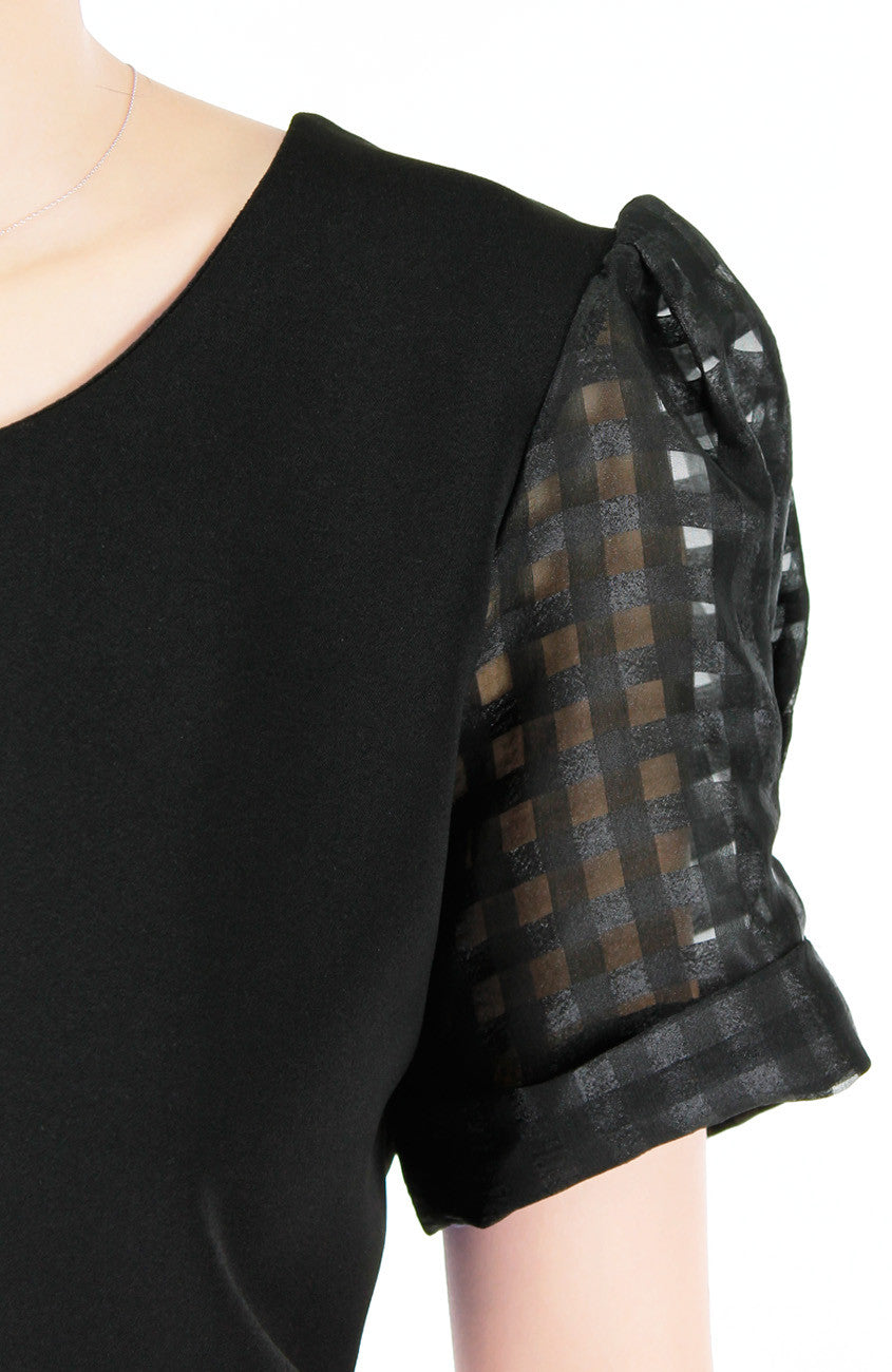 Honeycomb Organza Short Sleeve Blouse - Black