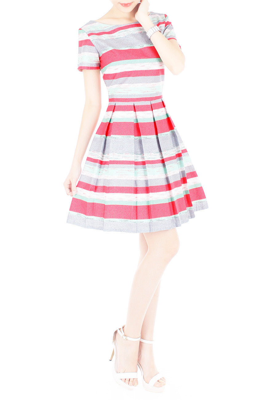 Infused in Watercolour Flare Dress with Short Sleeves - Coral Pink