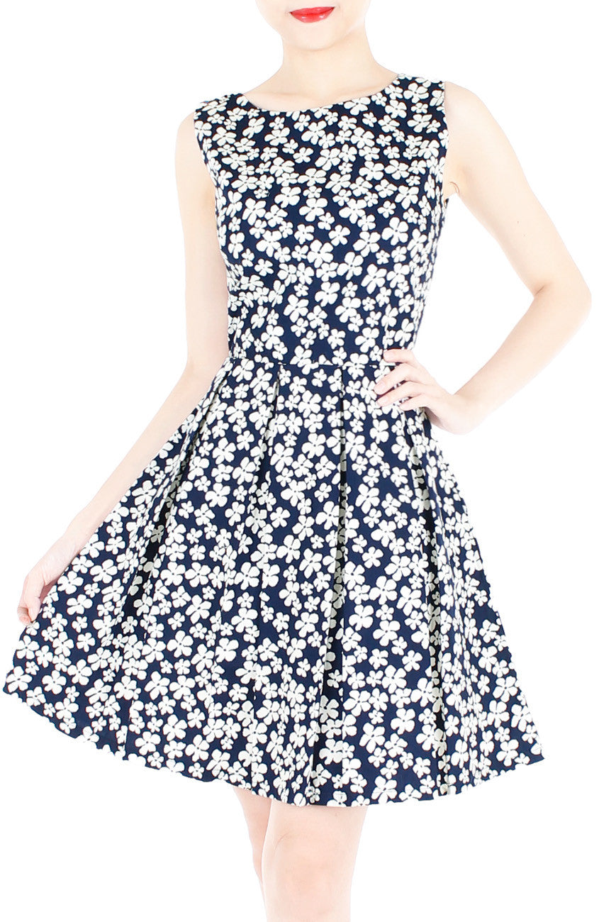 Japanese Anemone Flare Dress - Dark Blue