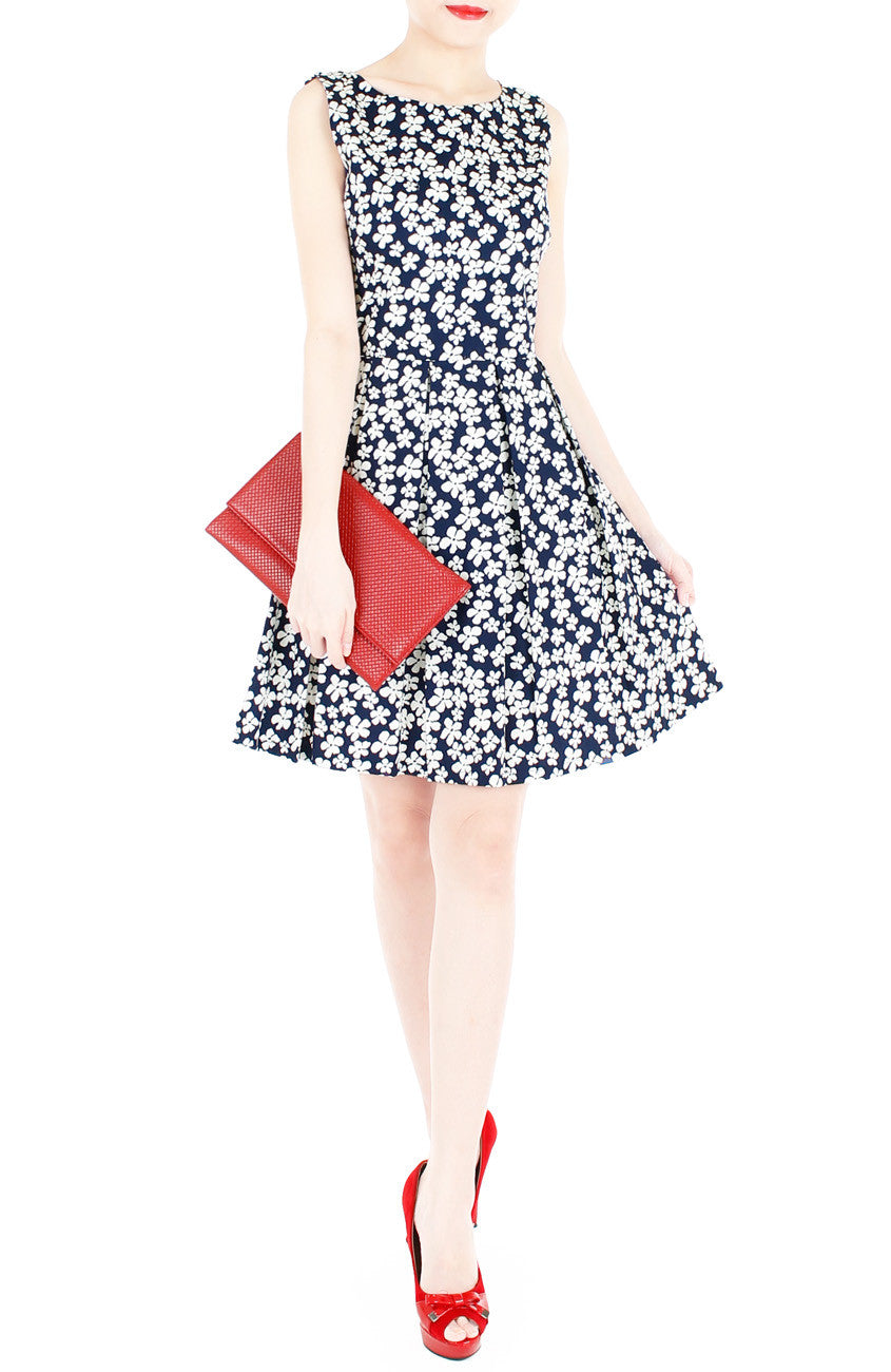 Japanese Anemone Flare Dress - Dark Blue